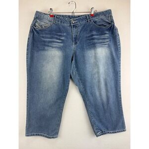 Faded Glory Womens Denim Capri Jeans Size 22W Blue Embroidered Embellished Crop